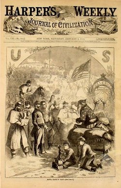 Santa Claus hands out gifts during the US Civil War in Thomas Nast's first Santa Claus cartoon, Harper's Weekly, 1863.