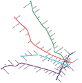 2003年至2007年間的地鐵網路，使用Metrovías（西班牙語：Metrovías）實施的新配色方案，添加B線和D線的延伸線。