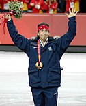 Apolo Anton Ohno after winning the short-track speed skating competition at the 2006 Winter Olympics