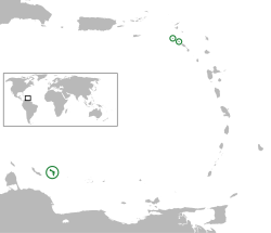 Location of the Caribbean Netherlands (green and circled). From left to right: Bonaire, Saba, Sint Eustatius.