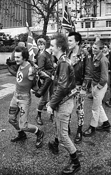 Skinhead and punk supporters of BM, London, circa 1979 British Movement Skinheads 90191.jpg