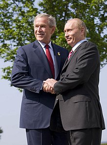 U.S. President George W. Bush and Russian President Vladimir Putin at the 33rd G8 summit, June 2007. The end of the Cold War allowed new co-operation between Russia and the West, but tensions remained. Bush&Putin33rdG8.jpg