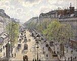 Impressionist painting of wide tree-lined Boulevard Montmartre with horse-drawn carts in the 1890s