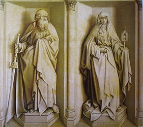 São Tiago e Santa Clara (1427), Robert Campin, Museu do Prado. Reverso de Casamento de Maria.