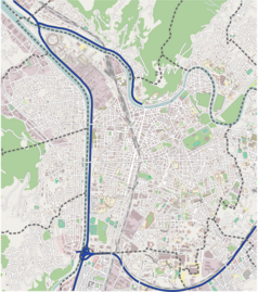 Mapa konturowa Grenoble, u góry nieco na lewo znajduje się punkt z opisem „Pont d’Oxford”