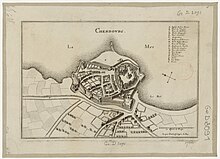 plan en perspective cavalière de Cherbourg. La ville fortifiée est entourée par trois côtés par la mer