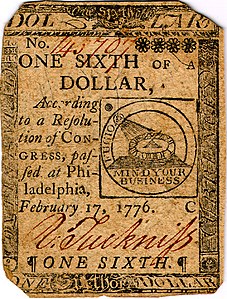 Continental Currency one-sixth dollar banknote obverse (Plate C, February 17, 1776).jpg