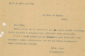 Efetivação do Banco do Brasil como membro do quadro de associados da Associação Bancária do Rio de Janeiro, 18 de julho de 1923.