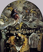 The Burial of Count Orgaz (1586-1588, oil on canvas, 480 x 360 cm, Santo Tomé, Toledo), now El Greco's best known work, illustrates a popular local legend. An exceptionally large painting, it is very clearly divided into two zones: the heavenly above and the terrestrial below. However there is little feeling of duality and the upper and lower zones are brought together compositionally