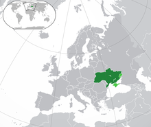 אוקראינה (ירוק), חצי האי קרים (תחת שליטה רוסית דה פקטו), הרפובליקה העממית של דונצק והרפובליקה העממית של לוהנסק (תחת שליטת בדלנים פרו-רוסים באזור דונבאס) (ירוק בהיר)