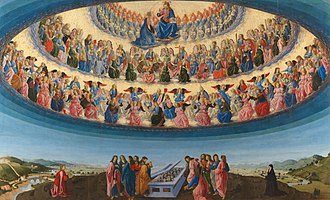 The Assumption of the Virgin, 1475-1476, by Francesco Botticini (National Gallery London), shows three hierarchies and nine orders of angels, each with different characteristics. Francesco Botticini - The Assumption of the Virgin.jpg