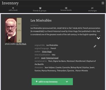 inventaire.io showing Wikidata information about the book Les Misérables