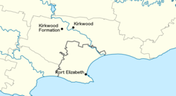 Map shows the city of Port Elizabeth on the coast of South Africa, with Kirkwood to the north, and the formation just west of Kirkwood