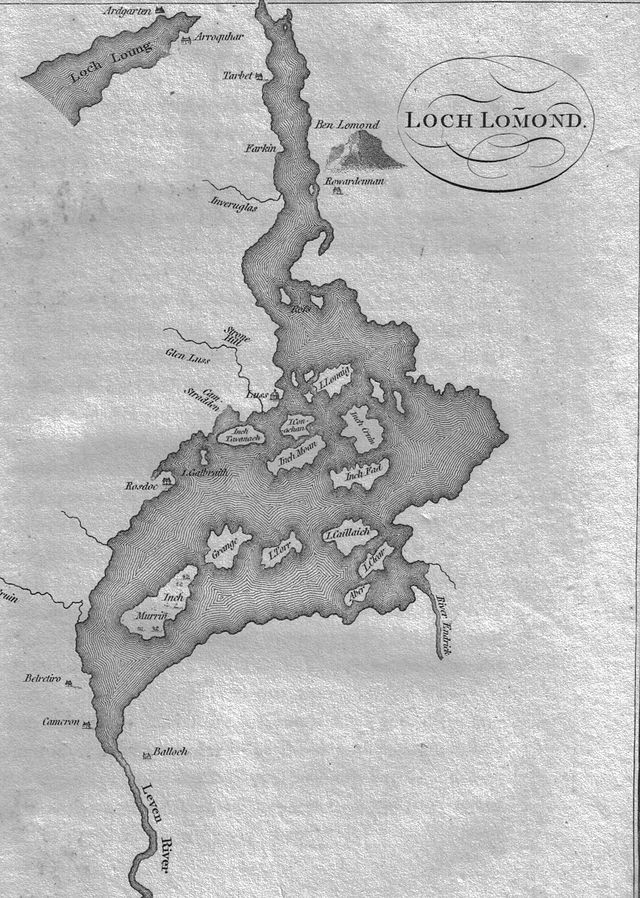 A black-and-white map showing the sinuous shape of Loch Lomond, which contains numerous islands in the southern portion.