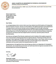 Department of Chemical Engineering of the University of Texas at Austin as Academy of Distinguished Chemical Engineers Honoree on September 14, 2018, at Austin, Texas, U.S.A.