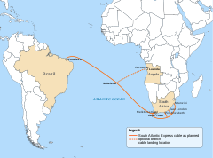 Route of the SAex submarine cable as planned in mid-2012