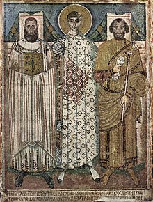 Mosaic from the church of Hagios Demetrios in Thessaloniki, late 7th or early 8th century, showing St. Demetrios with the bishop and the eparch Meister der Demetrius-Kirche in Saloniki 002.jpg