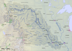 แผนที่แม่น้ำมิสซูรีและสายแม่น้ำในอเมริกาเหนือ