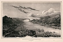 Deĵima desegnita akvaforto de Nagasaki-Golfo el 1828