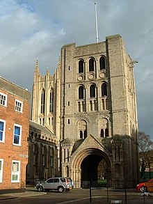 The Norman Tower, a gateway and bell tower in front of the new cathedral tower Norman Tower - geograph.org.uk - 286156.jpg