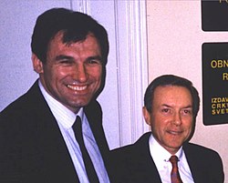 Sen. Orrin Hatch visits with Kresimir Cosic in Zagreb, Yugoslavia. April 12, 1990. Orrin Hatch and Kresimir Cosic.jpg