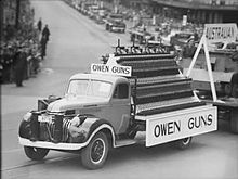 Owen guns on a truck during a Christmas parade in Sydney, 1942 Owen Guns Christmas Parade.jpg