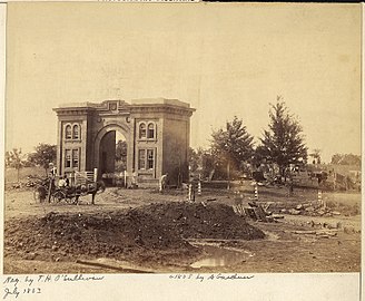 Evergreen Cemetery gatehouse in July 1863, following the battle