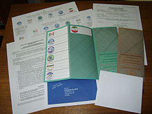 Electoral package sent to an Italian voter in South America during the 2013 Italian general election Plico elettorale Italia 2013.jpg