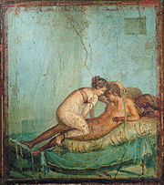 An erotic scene between a male and a female. Wall painting, Pompeii, 1st century. Pompeii - Casa del Centenario - Cubiculum 2.jpg