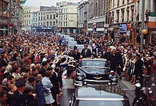 The Irish are an ethnic group from Ireland of which 70-80 million people worldwide claim ancestry. President Kennedy greets spectators during trip to Ireland.jpg