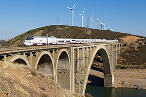 Two RENFE class 730 trains crossing the Viaducto Martin Gil near Zamora, Spain, in 2012