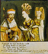 Курфюрст Рупрехт I с двете му съпруги Елизабет от Намюр (в средата) и Беатрикс от Берг (дясно)