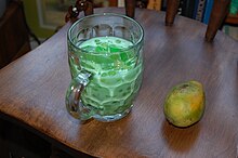 Buko pandan, a dessert beverage from the Philippines made with pandan-flavored cubes of gulaman, a traditional gelatin-substitute made from carrageenan Sago't Gulaman.jpg