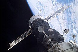 Time dilation explains why two working clocks will report different times after different accelerations. For example, time goes slower at the ISS, lagging approximately 0.01 seconds for every 12 Earth months passed. For GPS satellites to work, they must adjust for similar bending of spacetime to coordinate properly with systems on Earth. Soyuz TMA-1 at the ISS.jpg