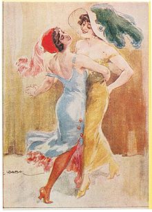 Deux femmes dansent le tango, carte postale de 1920.