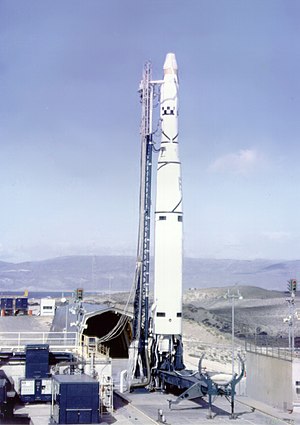 A Thor-Agena launch vehicle, ready to launch the Discoverer 37 (KH-3) spacecraft, on 13 January 1962 Thor Agena B with Discoverer 37 on launch pad (Jan. 13 1962).jpg