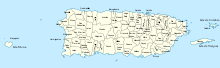 A map of Puerto Rico showing its 78 municipalities; the islands of Vieques and Culebra have their own municipal governments. USA Puerto Rico labeled.svg