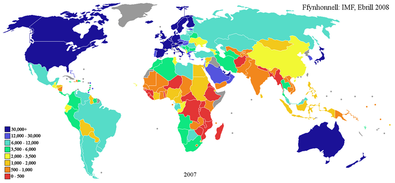 Delwedd:GDP nominal per capita world map IMF 2007 Cym2.png