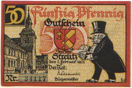 50-Pfennig-Gutschein der Stadt Strelitz von 1921, Vorderseite. Mittig das historische Wappen.