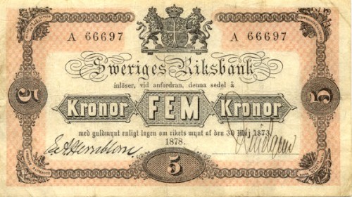 Datei:Banknote 5 Kronen - Schweden 1878 Vorderseite.JPG