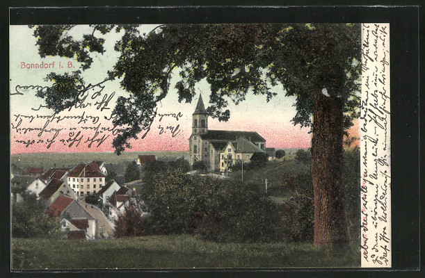 Datei:1903AK-Bonndorf-Teilansicht-mit-Blick-auf-Kirche.jpg