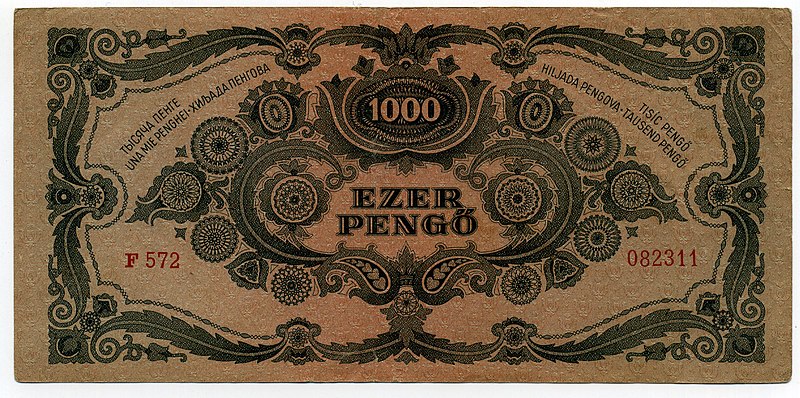 Datei:Hungary - Pick 118a = Laszlo 33a - 1000Pengö1945hinten - ohne roter Klebemarke.jpg