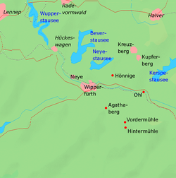 Karte von Wipperfürth mit den wichtigsten Ortsteilen