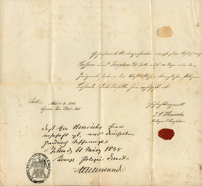 Datei:Hinrichs Aufenthaltsbestaet Stettin 1848.jpg