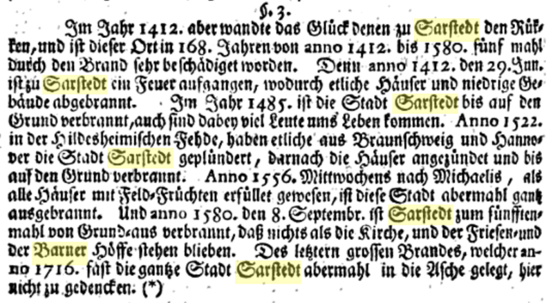 Datei:Auszug aus der Hildesheimer Bischofschronik von 1740 zu den 6 Sarstedter Bränden und Brandschatzungen (1412–1716).png