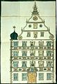 Der beim Stadtbrand 1728 zerstörte Vorgängerbau (Rinderbachburg, Drechsler'sches Haus) mit Illumination anlässlich der Zweihundertjahrfeier der Reformation 1717