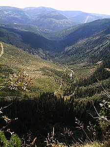 Blick in den Elbgrund nach Osten zum Ziegenrücken (Kozí hřbety)