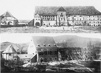 Goslarer Kaiserpfalz vor und während der Instandsetzung 1868