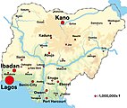 Die größten Städte Nigerias; rote Fläche entspricht der Einwohneranzahl