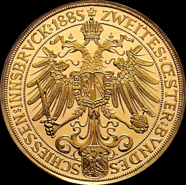 Datei:Münze 1885 Wertseite - 2 Österreichisches Bundesschießen in Innsbruck - GOLDVARIANTE.png